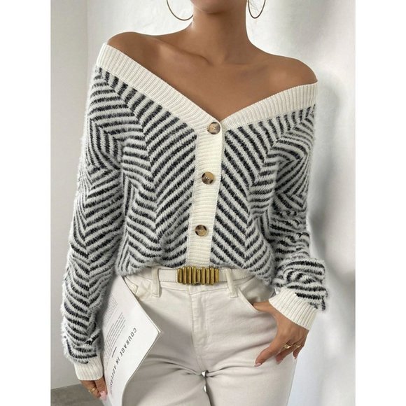 Contemporary Striped Pattern Button Front Drop Shoulder Cardigan - Picture 1 of 7